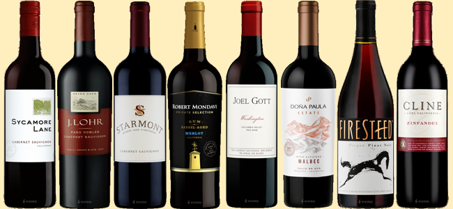 Sycamore Lane Cabernet Sauvignon, J. Lohr 7 Oaks Cabernet Sauvignon, Starmont Cabernet Sauvignon, Vint by Robert Mondavi Merlot, Joel Gott Red Blend, Doña Paula Estate Malbec, Firesteed Pinot Noir, Cline Zinfandel Sycamore Lane Cabernet Sauvignon, J. Lohr 7 Oaks Cabernet Sauvignon, Starmont Cabernet Sauvignon, Vint by Robert Mondavi Merlot, Joel Gott Red Blend, Doña Paula Estate Malbec, Firesteed Pinot Noir, Cline Zinfandel