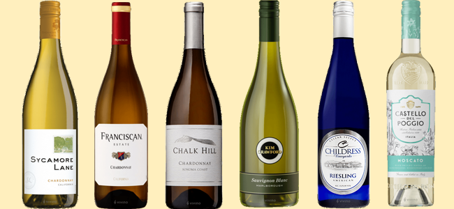 Sycamore Lane Chardonnay, Franciscan Chardonnay, Chalk Hill Chardonnay, Kim Crawford Sauvignon Blanc, Childress Riesling, Castello del Poggio Moscato Sycamore Lane Chardonnay, Franciscan Chardonnay, Chalk Hill Chardonnay, Kim Crawford Sauvignon Blanc, Childress Riesling, Castello del Poggio Moscato